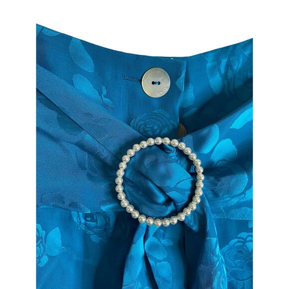 Art Dealer Floral Midi Skirt Silk Blend Satin Ruffle Hem Turquoise Size Medium - Picture 6 of 13